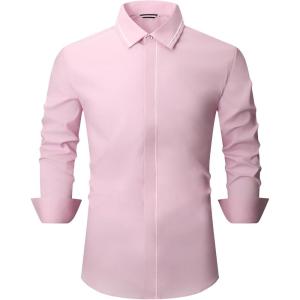 Alex Vando Mens Dress Shirt Wrinkle Free Regular Fit 4-Way Stretch Button Down Shirts(Hidden Pink)