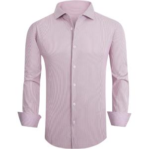 Alex Vando Mens Dress Shirt Wrinkle Free Regular Fit 4-Way Stretch Button Down Shirts(Red Stripe)