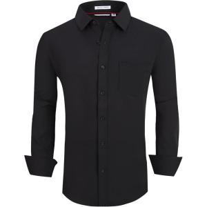 Alex Vando Mens Dress Shirt Wrinkle Free Regular Fit 4-Way Stretch Button Down Shirts(Solid Black)