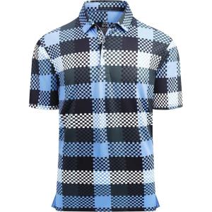 Alex Vando Mens Golf Shirt Moisture Wicking Quick-Dry Print Performance Polo Shirts for Men(Blue Plaid)