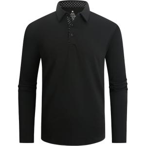 Alex Vando Mens Golf Shirt Moisture Wicking Quick-Dry Solid Long Sleeve Polo Shirts for Men(Black 09)