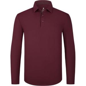 Alex Vando Mens Golf Shirt Moisture Wicking Quick-Dry Solid Long Sleeve Polo Shirts for Men(Burgundy 09)