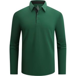 Alex Vando Mens Golf Shirt Moisture Wicking Quick-Dry Solid Long Sleeve Polo Shirts for Men(Green 09)