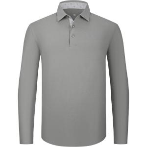Alex Vando Mens Golf Shirt Moisture Wicking Quick-Dry Solid Long Sleeve Polo Shirts for Men(Grey 09)