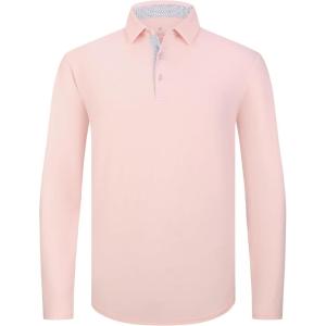 Alex Vando Mens Golf Shirt Moisture Wicking Quick-Dry Solid Long Sleeve Polo Shirts for Men(Lt Pink 09)