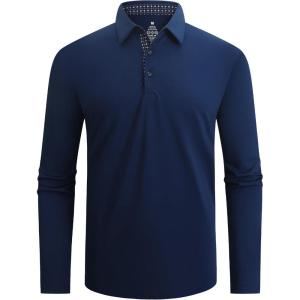 Alex Vando Mens Golf Shirt Moisture Wicking Quick-Dry Solid Long Sleeve Polo Shirts for Men(Navy 09)