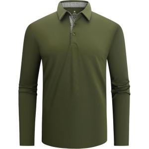 Alex Vando Mens Golf Shirt Moisture Wicking Quick-Dry Solid Long Sleeve Polo Shirts for Men(Olive 09)
