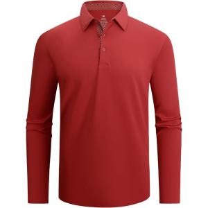 Alex Vando Mens Golf Shirt Moisture Wicking Quick-Dry Solid Long Sleeve Polo Shirts for Men(Red 09)