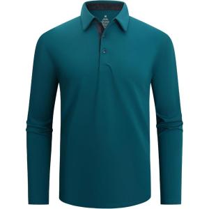 Alex Vando Mens Golf Shirt Moisture Wicking Quick-Dry Solid Long Sleeve Polo Shirts for Men(Teal 09)