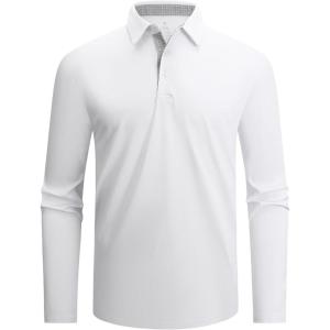 Alex Vando Mens Golf Shirt Moisture Wicking Quick-Dry Solid Long Sleeve Polo Shirts for Men(White 09)