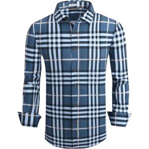 Alex Vando Mens Print Plaid Button Down Shirts Wrinkle Free 4-Way Stretch Casual Dress Shirt for Men(29 Dustyblue/White)