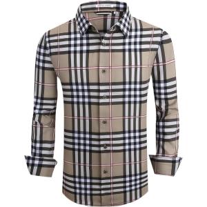 Alex Vando Mens Print Plaid Button Down Shirts Wrinkle Free 4-Way Stretch Casual Dress Shirt for Men(30 Borwn/White)