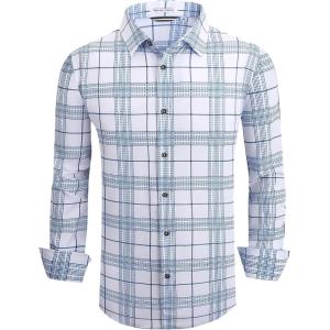 Alex Vando Mens Print Plaid Button Down Shirts Wrinkle Free 4-Way Stretch Casual Dress Shirt for Men(30 White/Blue)