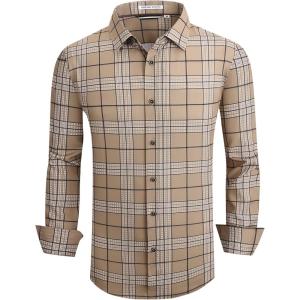 Alex Vando Mens Print Plaid Button Down Shirts Wrinkle Free 4-Way Stretch Casual Dress Shirt for Men(32 Khaki)