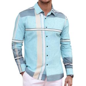 Alex Vando Mens Print Plaid Button Down Shirts Wrinkle Free 4-Way Stretch Casual Dress Shirt for Men(38 Blue/Grey)
