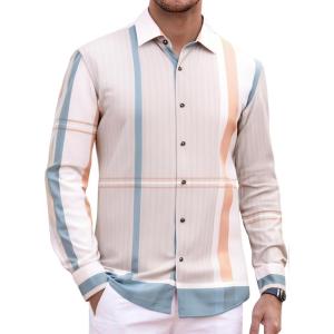 Alex Vando Mens Print Plaid Button Down Shirts Wrinkle Free 4-Way Stretch Casual Dress Shirt for Men(Beige/Brown)