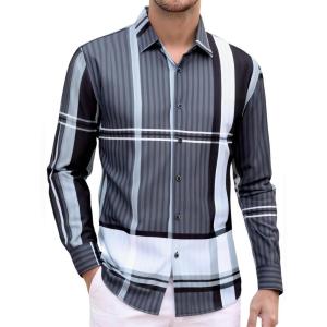Alex Vando Mens Print Plaid Button Down Shirts Wrinkle Free 4-Way Stretch Casual Dress Shirt for Men(Black/Grey)