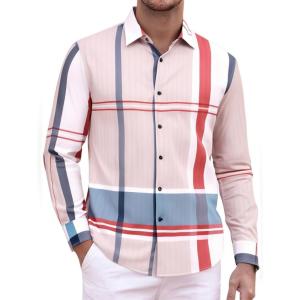 Alex Vando Mens Print Plaid Button Down Shirts Wrinkle Free 4-Way Stretch Casual Dress Shirt for Men(Red/Grey)