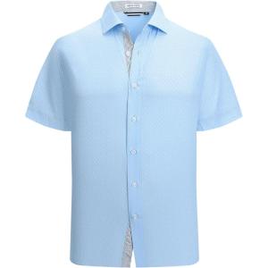 Alex Vando Mens Printed Dress Shirts Short Sleeve Easy Care Regular Fit Button Down Shirt(Blue Square 4653)