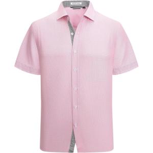 Alex Vando Mens Printed Dress Shirts Short Sleeve Easy Care Regular Fit Button Down Shirt(Pink Cross 4490)