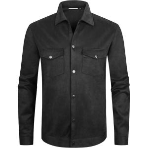 Alex Vando Mens Suede Shirt Jackets Long Sleeve Two Pockets Snap Casual Button Down Shirts(Black)