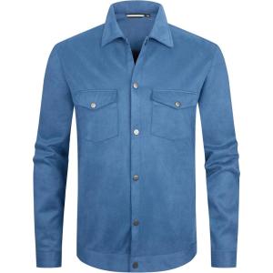 Alex Vando Mens Suede Shirt Jackets Long Sleeve Two Pockets Snap Casual Button Down Shirts(Blue)