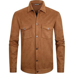Alex Vando Mens Suede Shirt Jackets Long Sleeve Two Pockets Snap Casual Button Down Shirts(Brown)
