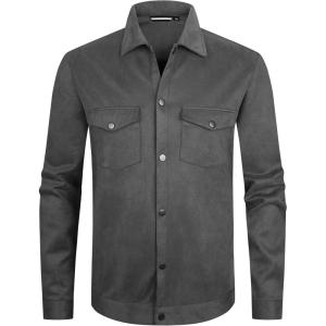 Alex Vando Mens Suede Shirt Jackets Long Sleeve Two Pockets Snap Casual Button Down Shirts(Charcoal)