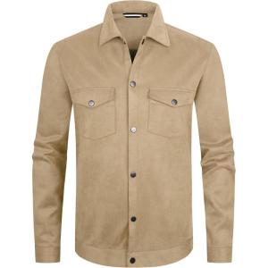 Alex Vando Mens Suede Shirt Jackets Long Sleeve Two Pockets Snap Casual Button Down Shirts(Khaki)