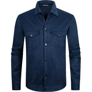 Alex Vando Mens Suede Shirt Jackets Long Sleeve Two Pockets Snap Casual Button Down Shirts(Navy)