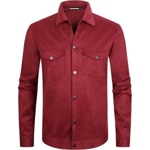 Alex Vando Mens Suede Shirt Jackets Long Sleeve Two Pockets Snap Casual Button Down Shirts(Wine)