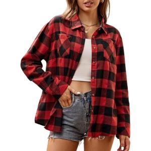 Alex Vando Womens Flannel Shirt Regular Long Sleeve Button Down Flannel Shirts for Women(Black/Red 01)