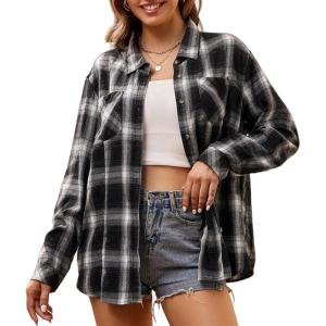 Alex Vando Womens Flannel Shirt Regular Long Sleeve Button Down Flannel Shirts for Women(Black/White 01)