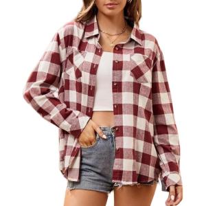 Alex Vando Womens Flannel Shirt Regular Long Sleeve Button Down Flannel Shirts for Women(Burgundy/White 01)