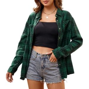 Alex Vando Womens Flannel Shirt Regular Long Sleeve Button Down Flannel Shirts for Women(Green/Black 01)