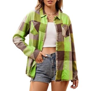 Alex Vando Womens Flannel Shirt Regular Long Sleeve Button Down Flannel Shirts for Women(Green/Coffee 01)