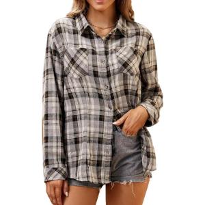 Alex Vando Womens Flannel Shirt Regular Long Sleeve Button Down Flannel Shirts for Women(Grey/White 01)