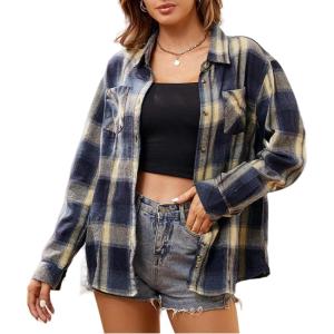 Alex Vando Womens Flannel Shirt Regular Long Sleeve Button Down Flannel Shirts for Women(Navy/Yellow 01)