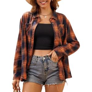 Alex Vando Womens Flannel Shirt Regular Long Sleeve Button Down Flannel Shirts for Women(Orange/Navy 01)