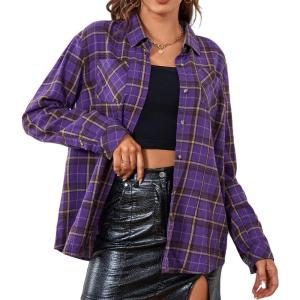 Alex Vando Womens Flannel Shirt Regular Long Sleeve Button Down Flannel Shirts for Women(Purple/Coffee 01)