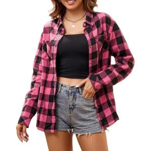 Alex Vando Womens Flannel Shirt Regular Long Sleeve Button Down Flannel Shirts for Women(Rose/Black 01)