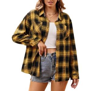 Alex Vando Womens Flannel Shirt Regular Long Sleeve Button Down Flannel Shirts for Women(Yellow/Black 01)
