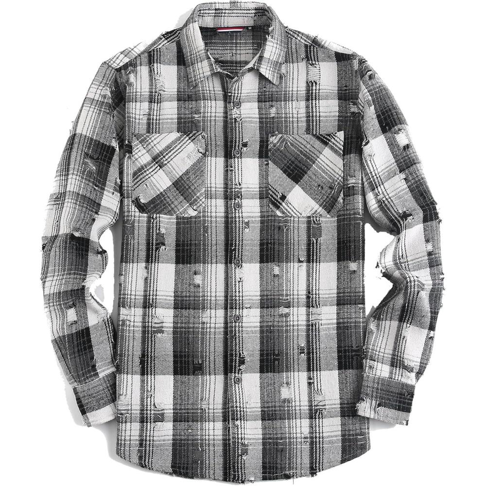 imageAlex Vando Mens Button Down Shirts Flannel Shirt Long SleeveDistressed Black