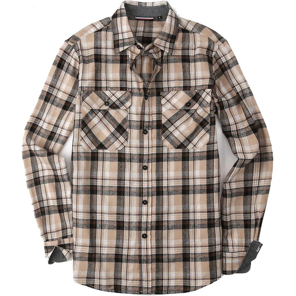 imageAlex Vando Mens Button Down Shirts Flannel Shirt Long SleeveKhakiBlack 613