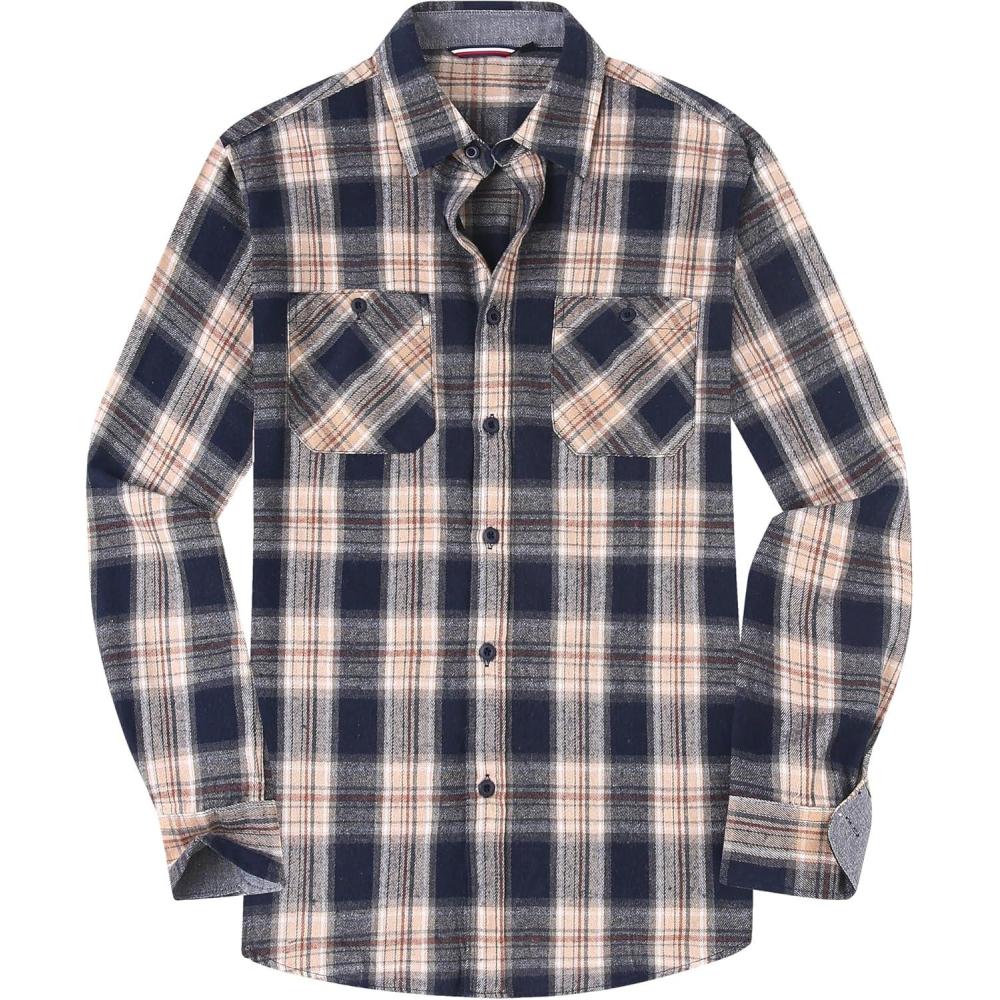 imageAlex Vando Mens Button Down Shirts Flannel Shirt Long SleeveNavyKhaki N34