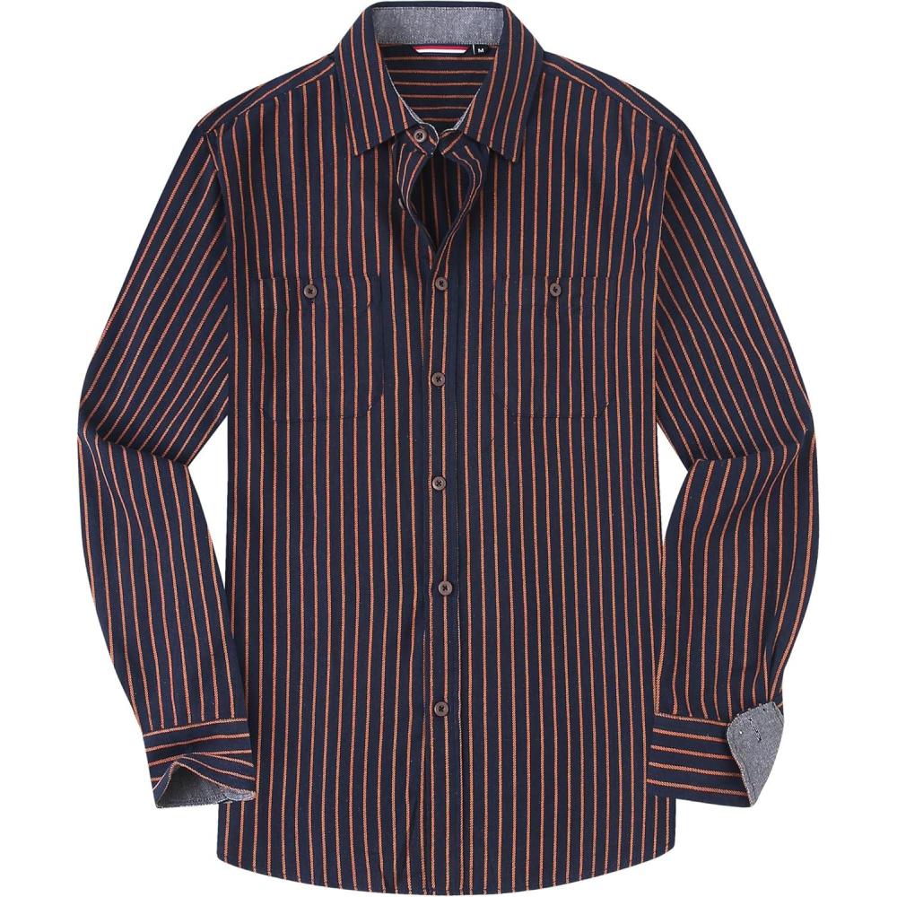 imageAlex Vando Mens Button Down Shirts Flannel Shirt Long SleeveNavyOrange Stripe
