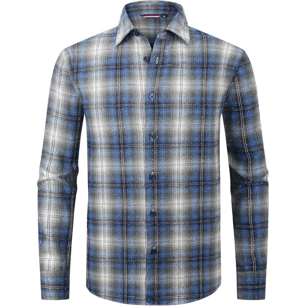 imageAlex Vando Mens Button Down Shirts Flannel Shirt Long SleeveRhinestone BlueGrey