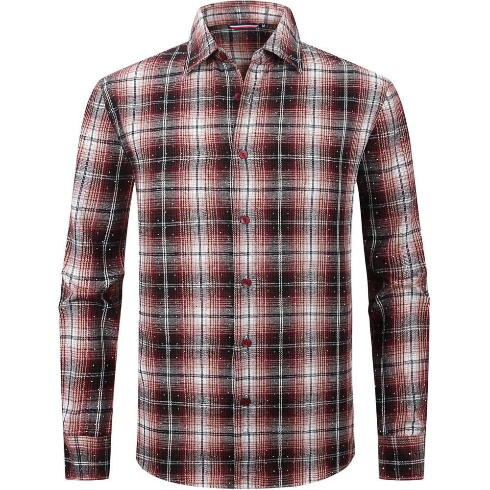 imageAlex Vando Mens Button Down Shirts Flannel Shirt Long SleeveRhinestone WineBlack