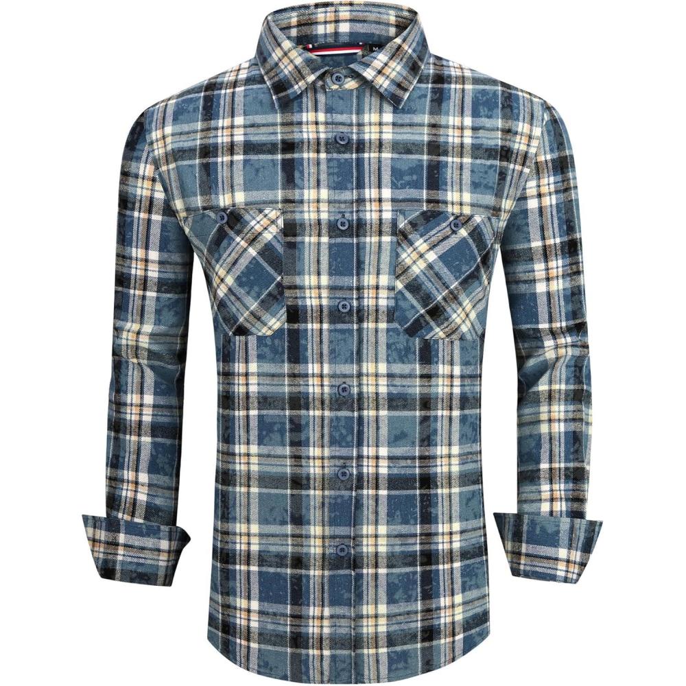 imageAlex Vando Mens Button Down Shirts Flannel Shirt Long SleeveSnow BlueBeige