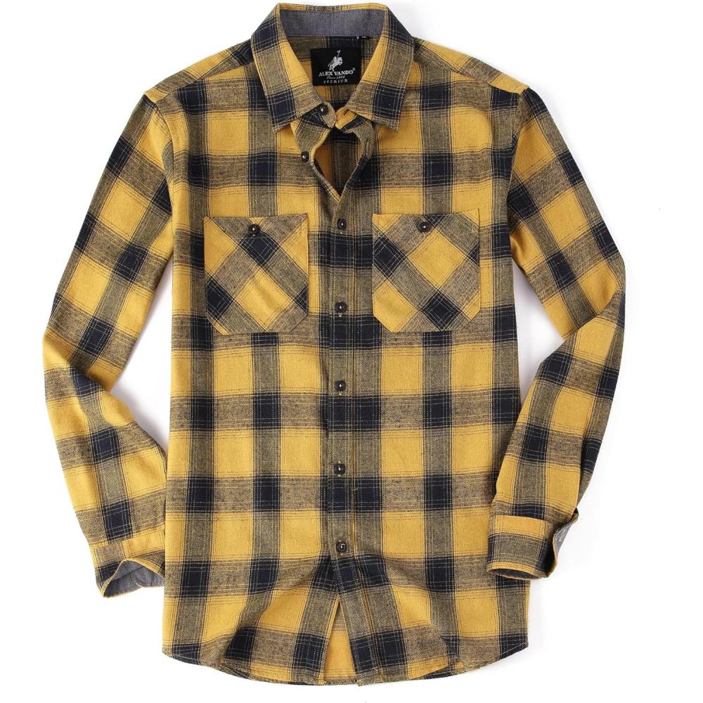 imageAlex Vando Mens Button Down Shirts Flannel Shirt Long SleeveYellow